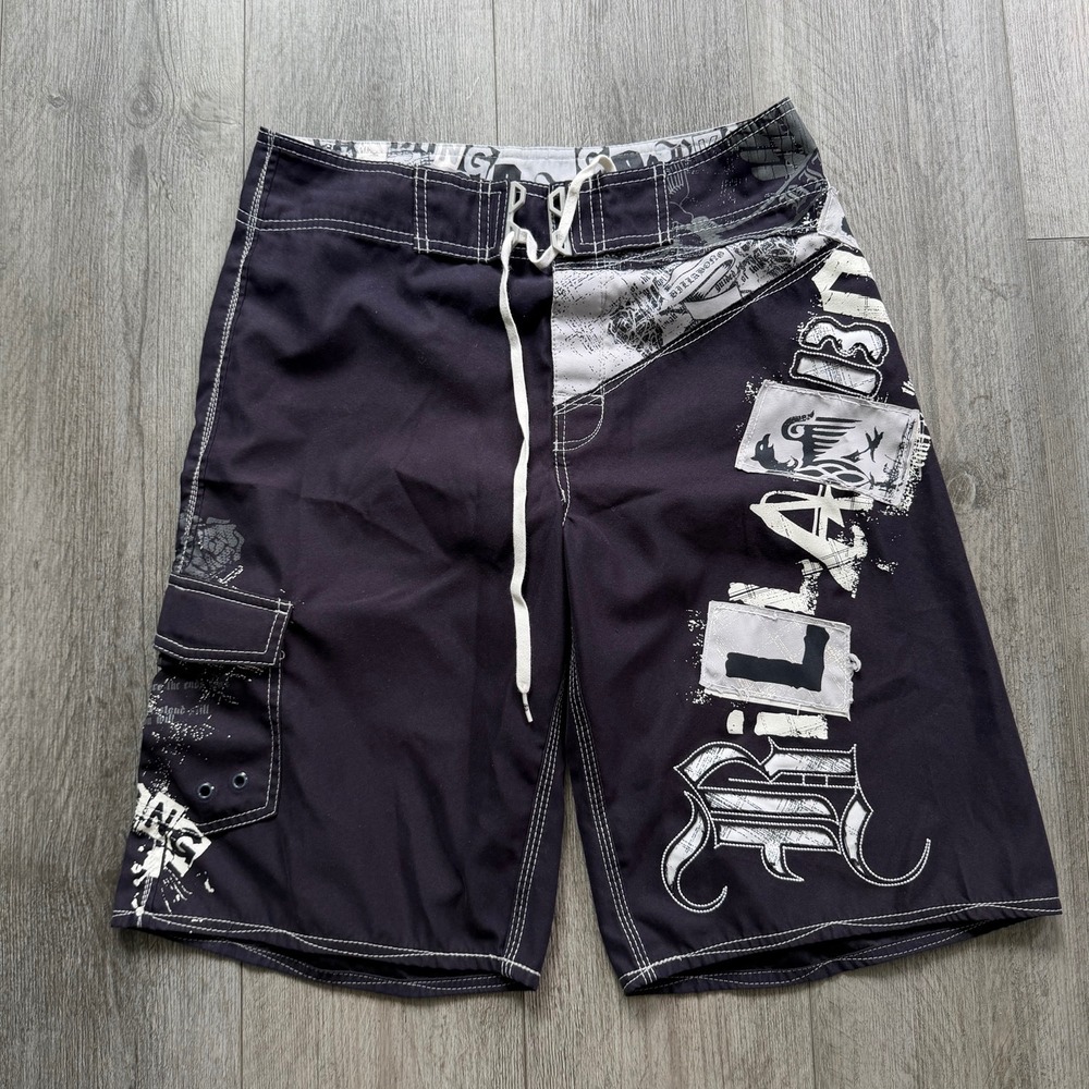 Billabong Grail Board Shorts Mens 30 Navy White Gothic Graphic Cargo Surf Y2K